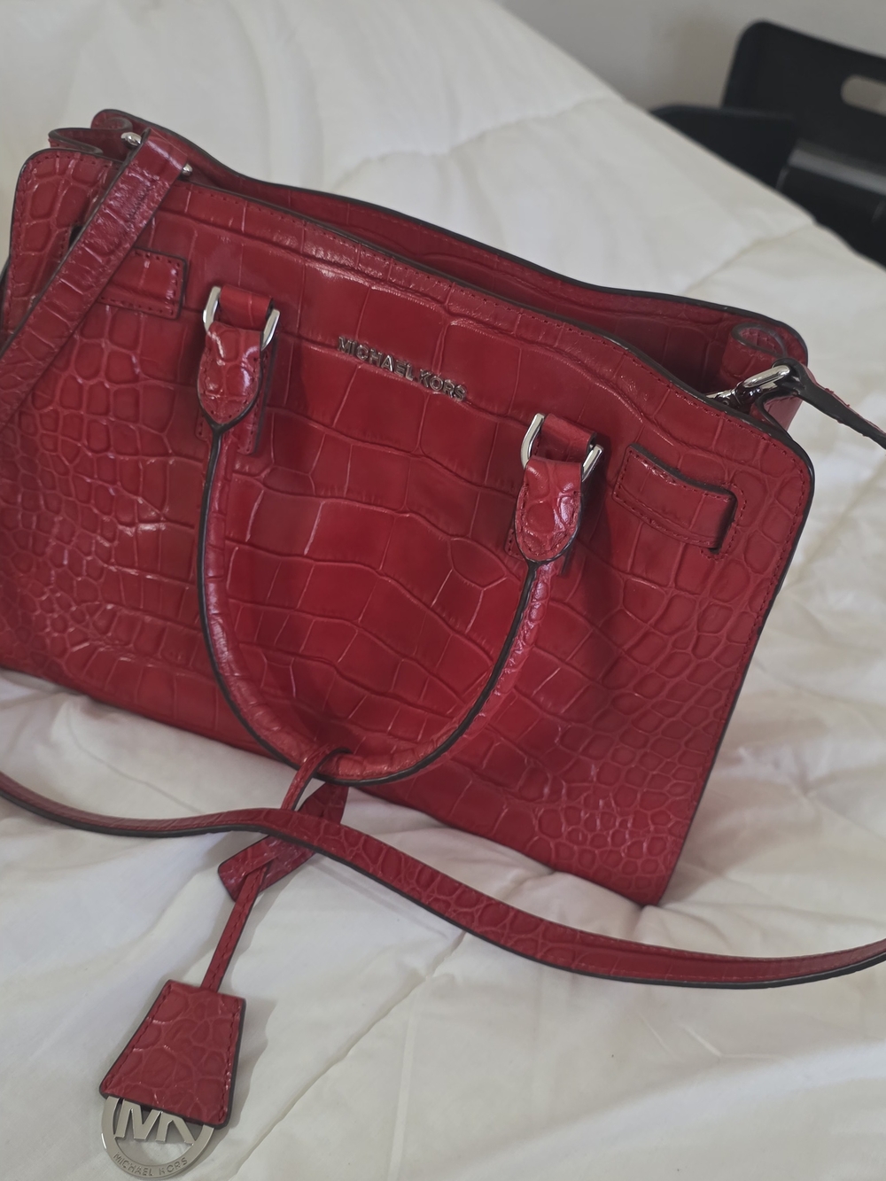 Michael Kors Red Croc-Embossed Leather Satchel with Shoulder Strap